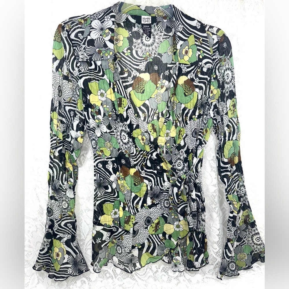 STUDIO 1940 Sheer Wrap Retro Blouse Green flowers Zebra print Bell sleeves M